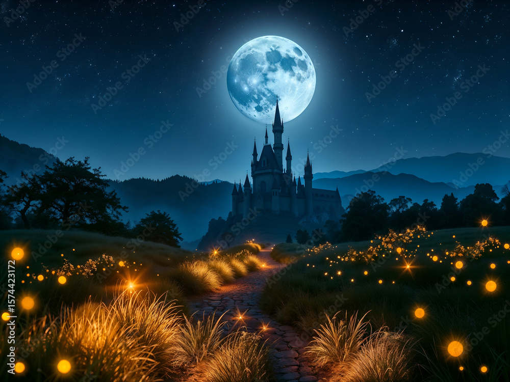 Naklejka premium Mysterious night castle under full moon with glowing fireflies and misty forest in fantasy style. Generative AI