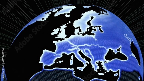 Digital globe with binary code and continents europe and africa in blue and black with rays around it