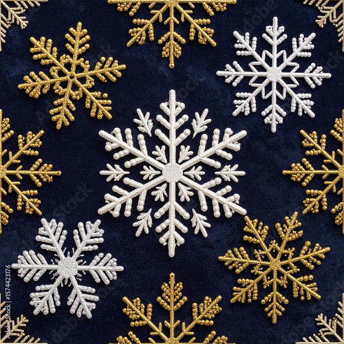 Generated image: Golden and Silver Snowflakes on Dark Blue Background
