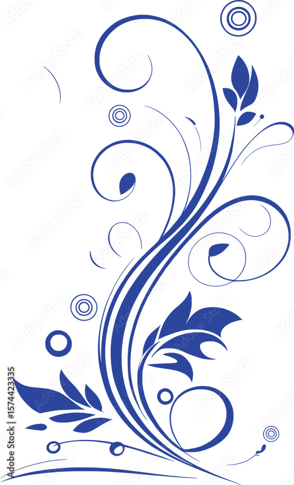 Elegant blue floral scrollwork with swirling leaves and circular motifs vector Elegant blue floral scrollwork with swirling leaves and circular motifs vector