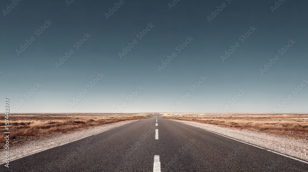 Fototapeta premium A long, straight road leads through an open desert landscape under a clear sky.