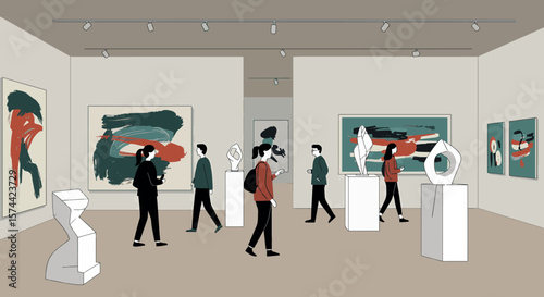 Contemporary Art Gallery Exhibition with Diverse Visitors - Vector Illustration