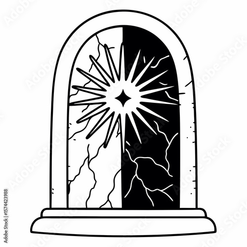 Monoline Hand Drawing Cracked stone revealing radiant spiritual core, symbolizing duality and transformation
