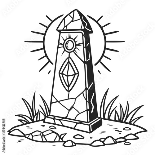 Monoline Hand Drawing Cracked stone monument stands tall, illuminated by radiant light, surrounded by grass and rocks