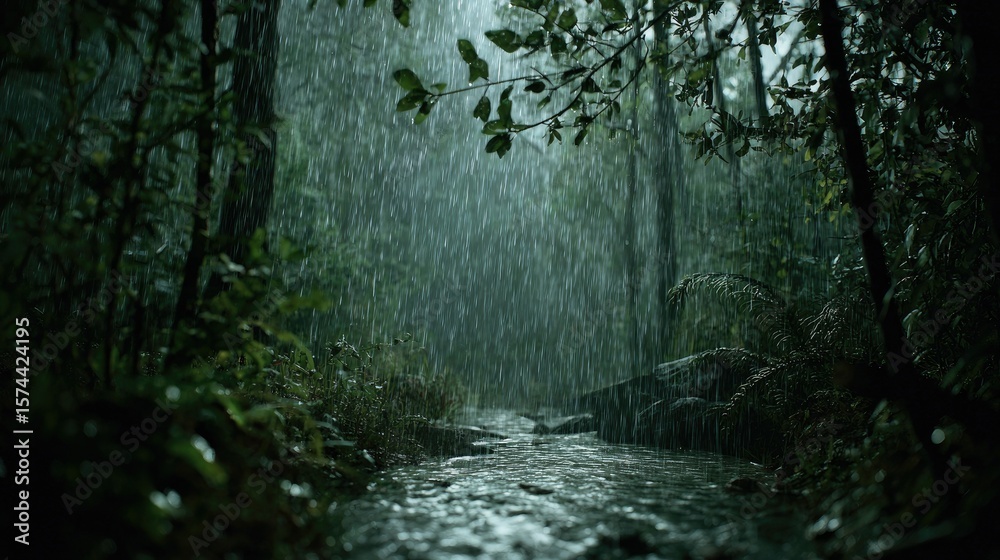 Obraz premium Lush forest creek in heavy rain