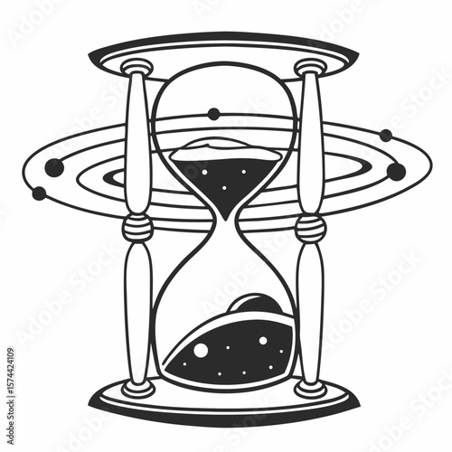 Monoline Hand Drawing Mystic hourglass with floating planetary rings symbolizes passage of time and cosmic wonder
