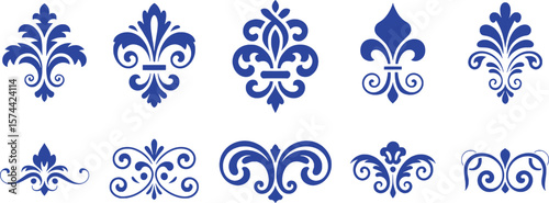 Ornate blue floral decorative elements and flourishes vector