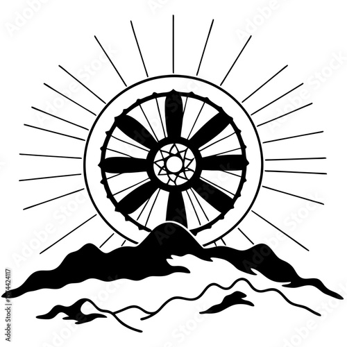 Monoline Hand Drawing Glowing chakra wheel radiates above serene mountaintop, symbolizing harmony and balance