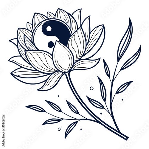 Monoline Hand Drawing Beautiful flower design featuring yin yang symbol its center, representing harmony and balance