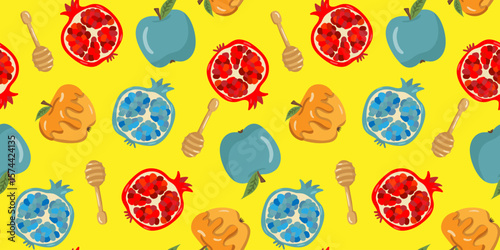 seamless pattern vibrant yellow background traditional food rosh hashanah apples pomegranates honey dippers art wallpaperdesign textile web decor