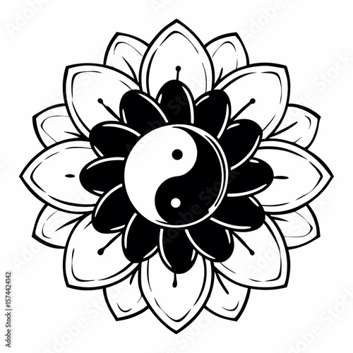 Monoline Hand Drawing Yin yang symbol integrated into blooming flower design, representing harmony and balance