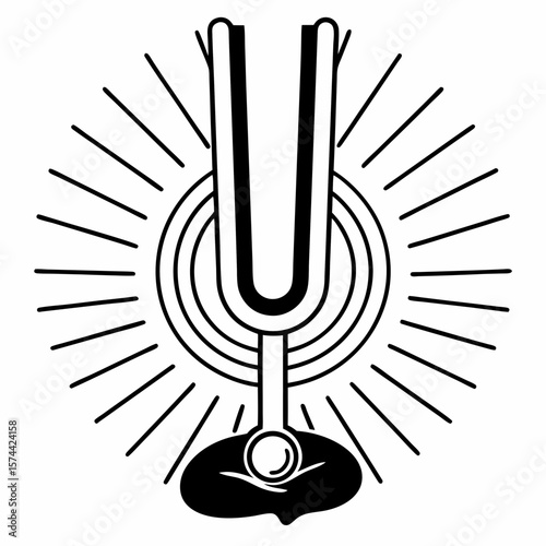 Monoline Hand Drawing Tuning fork radiating waves symbolizes sound healing and energy
