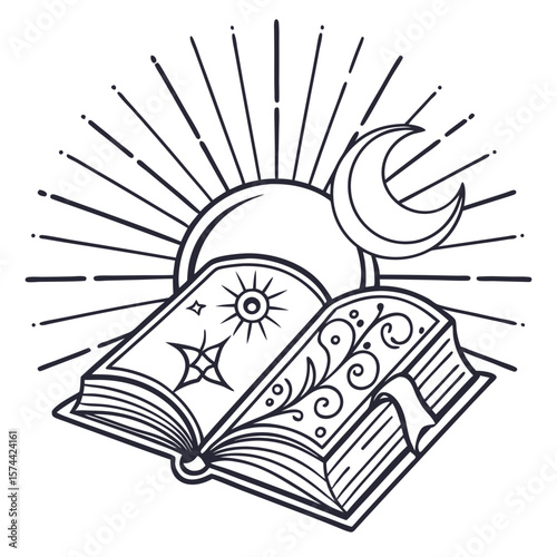 Monoline Hand Drawing Open book with sun rays and moon symbolizing knowledge and enlightenment