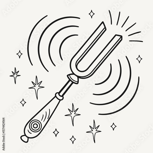 Monoline Hand Drawing Tuning fork radiating sound waves, symbolizing sound healing and harmony