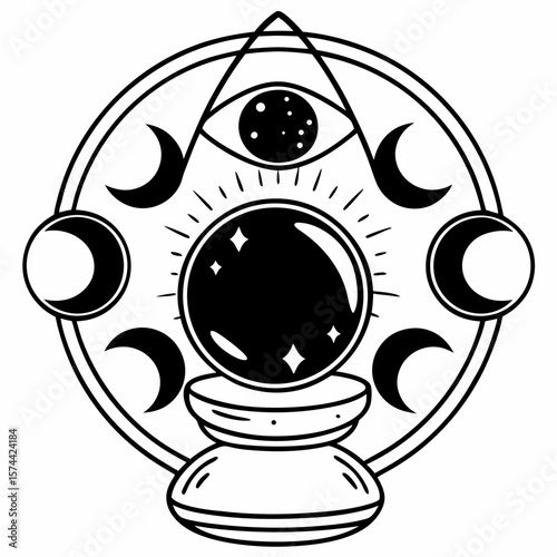 Monoline Hand Drawing Mystical design featuring crystal ball surrounded by crescent moons and eye symbol