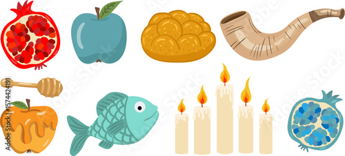 rosh hashanah isolated vector elements set jewish new year holiday symbols traditional icons honey apple pomegranate shofar candles challah fish