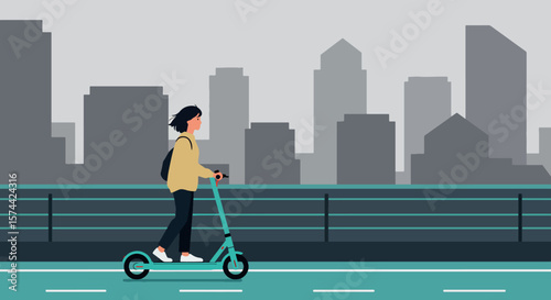 Urban Mobility: Person Riding Electric Scooter in Modern Cityscape Illustration