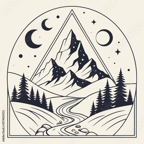 Monoline Hand Drawing Majestic mountain landscape with moon phases and stars, evoking sense of tranquility and wonder