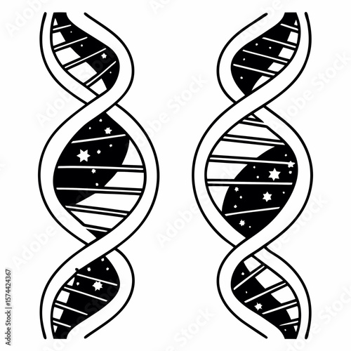 Monoline Hand Drawing Creative illustration of double helix structure featuring stars and cosmic elements