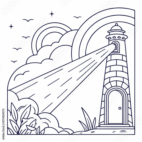 Monoline Hand Drawing Lighthouse stands tall, emitting light beams through clouds, surrounded by nature beauty