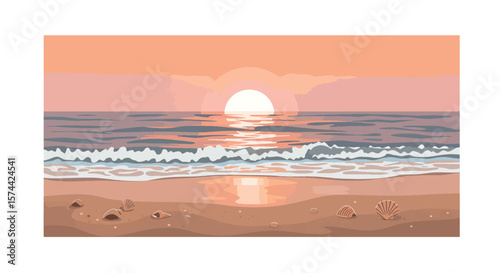 Serene Beach Sunset Vector Illustration with Ocean Waves