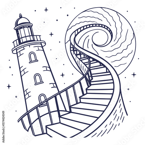 Monoline Hand Drawing Whimsical lighthouse stands beside spiraling staircase leading into cosmic swirl, evoking sense