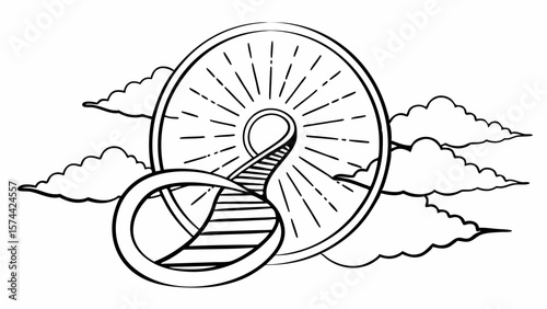 Monoline Hand Drawing Spiraling staircase ascends into radiant sun, surrounded by fluffy clouds, evoking infinity