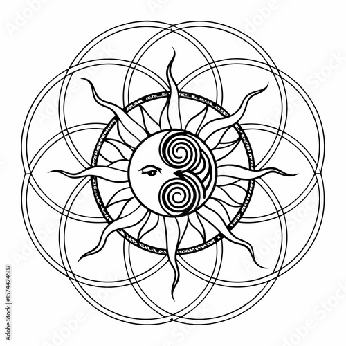 Monoline Hand Drawing Sacred spiral sun above earth lines light and harmony radiate from center
