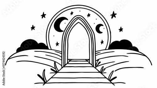 Monoline Hand Drawing Mystical spirit gate stands between twin moons and starlit sky, inviting wonder