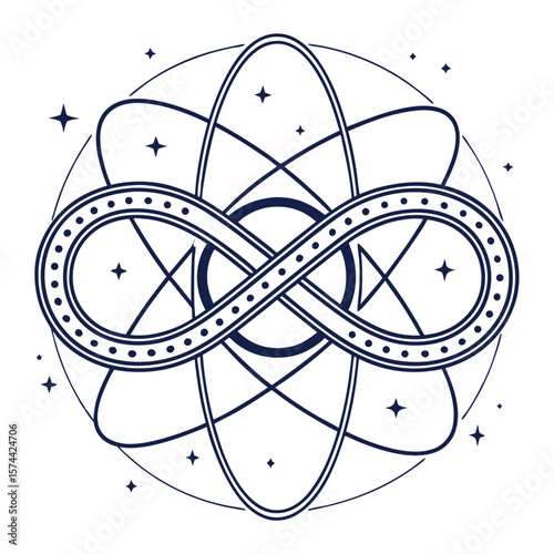 Monoline Hand Drawing Infinite knot design surrounded by planetary orbits creates cosmic feel