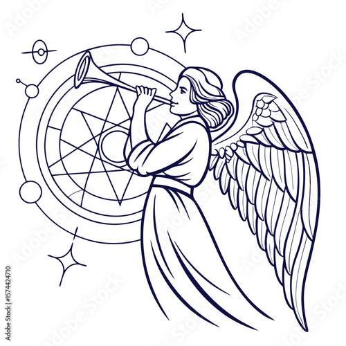 Monoline Hand Drawing Angel playing horn with sacred resonance lines and divine symbols