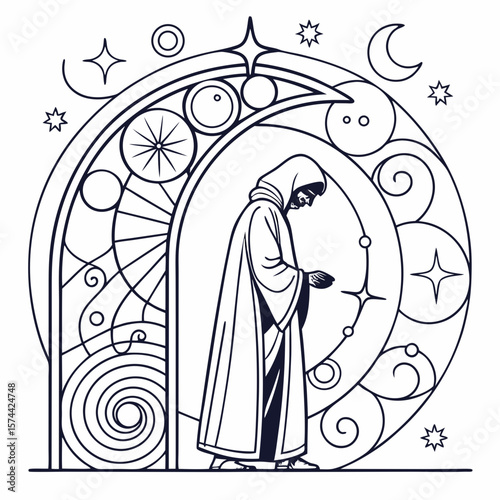 Monoline Hand Drawing Mystical figure stands arch adorned with celestial symbols, embodying sense of wonder