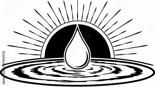 Monoline Hand Drawing Radiant tear falling into rippling pool symbolizes hope and renewal