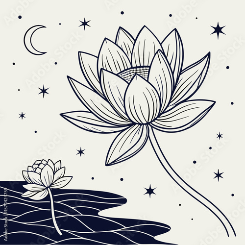 Monoline Hand Drawing Cosmic lotus floats gracefully in dreamlike night sky, surrounded by stars and crescent moon