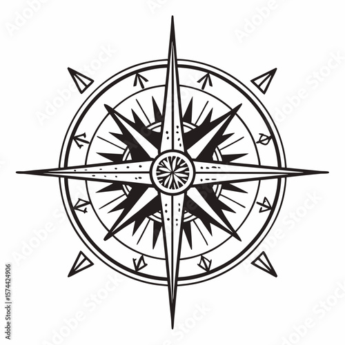Monoline Hand Drawing Radiating compass with intricate design and spiritual symbols, representing guidance