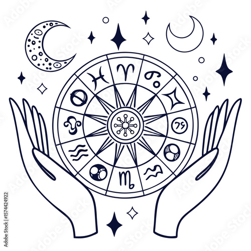 Monoline Hand Drawing Zodiac wheel floating above cupped hands, symbolizing astrology and cosmic energy