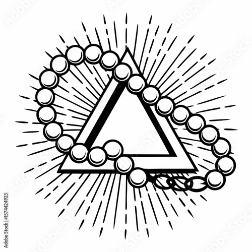 Monoline Hand Drawing Prayer beads encircle sacred triangle, radiating spiritual energy and connection