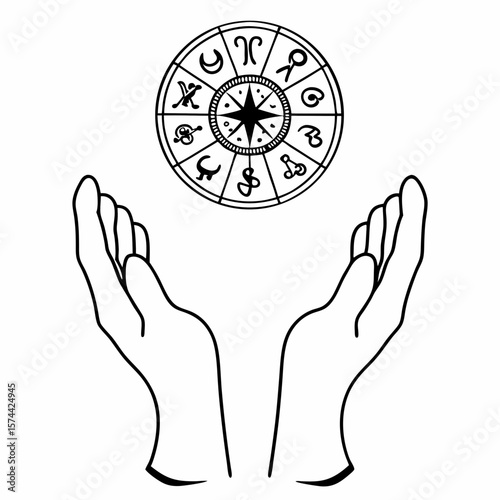 Monoline Hand Drawing Zodiac wheel floating above cupped hands, symbolizing astrology and guidance
