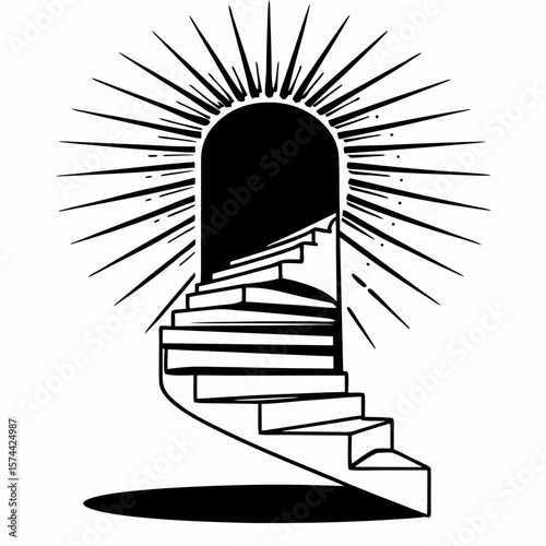 Monoline Hand Drawing Spiral stairs leading to radiant doorway, symbolizing ascension and enlightenment