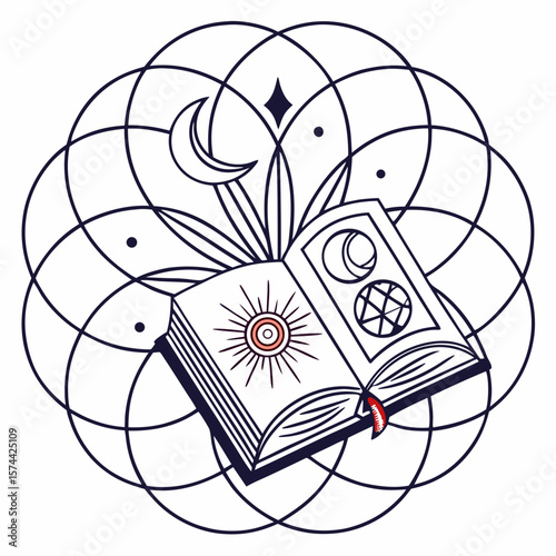 Monoline Hand Drawing Open book with celestial symbols and floral elements, radiating mystical energy