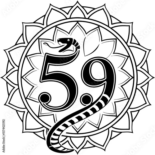 Monoline Hand Drawing Serpent coiled in mandala shape with embedded numbers, symbolizing balance and harmony