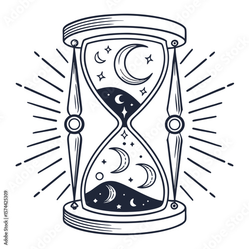 Monoline Hand Drawing Hourglass design featuring moons and stars, symbolizing passage of time and spirituality
