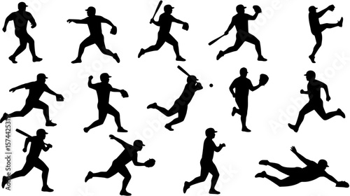 Set of baseball players icon vector silhouettes.

