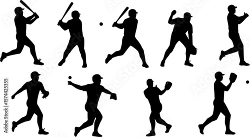 Set of baseball players icon vector silhouettes.
