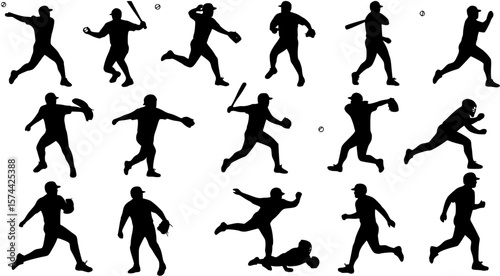 Set of baseball players icon vector silhouettes.
