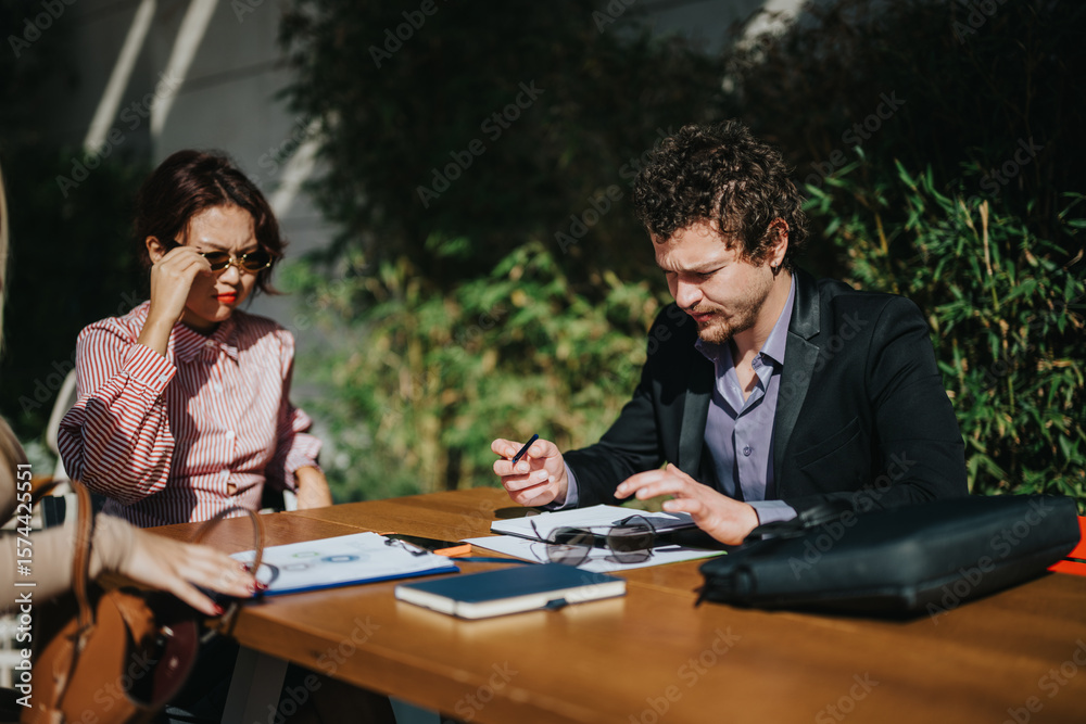 A diverse group of business colleagues engaged in a meeting outdoors, surrounded by greenery, fostering collaboration and teamwork in a natural setting. A diverse group of business colleagues engaged in a meeting outdoors, surrounded by greenery, fostering collaboration and teamwork in a natural setting.