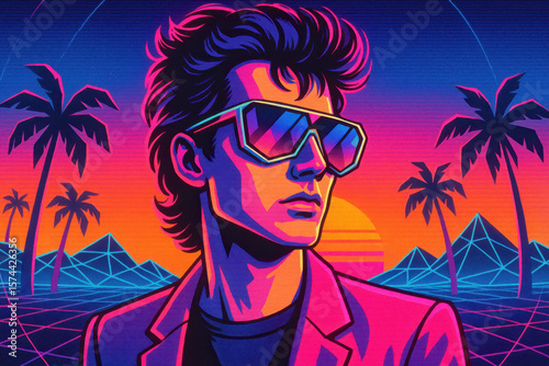 Retro Vaporwave Synth-Pop Rebel with Prism Sunglasses at Sunset Palms Grid