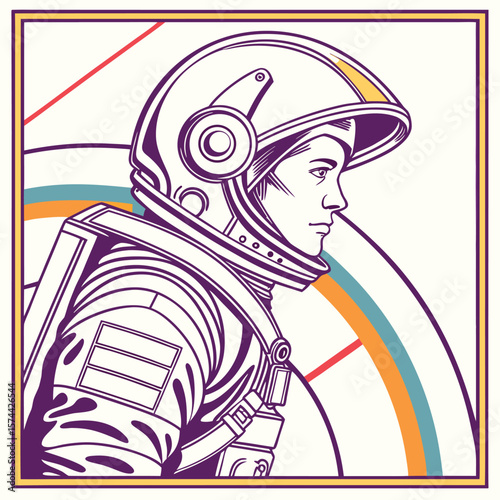 Retro Astronaut Portrait with Cosmic Background and Rainbow Hues