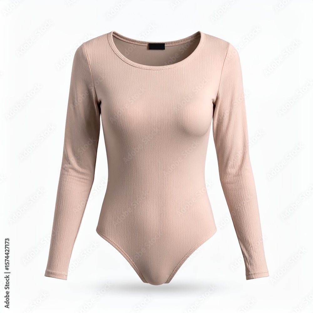 Obraz premium Beige long-sleeved bodysuit elegant design for layering and fashion statements on white background
