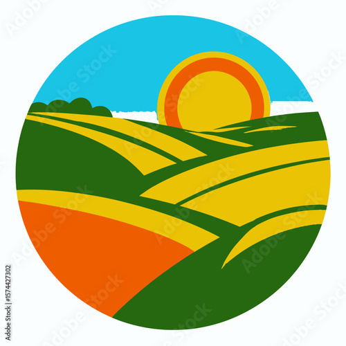 Rural fields glow under sunlight inside vibrant farmland circle